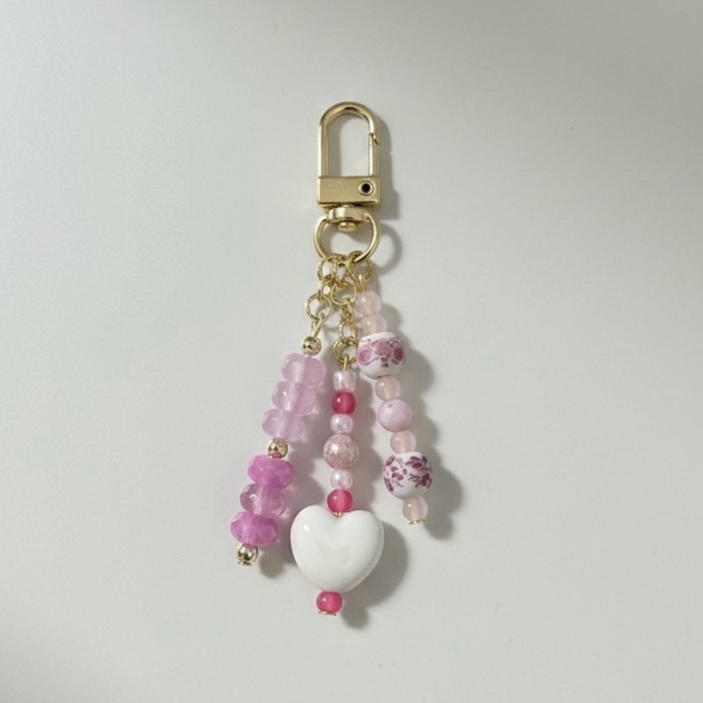 Valentines Heart Pink & White Handmade Beaded Bag Charm Keychain